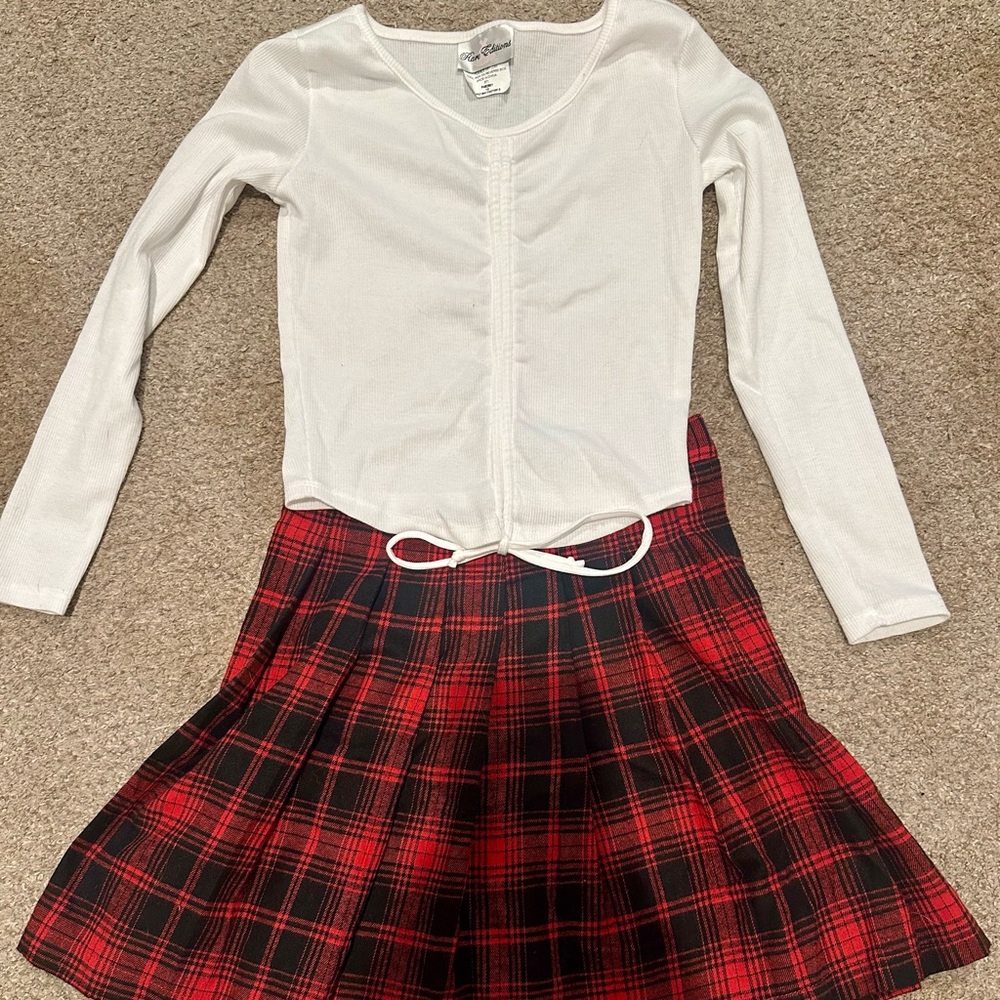 Rare Editions Holiday Plaid Skirt +White Ribbed Top Set –Size 10 (NWT Condition)